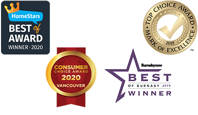 awards_2020 Awards from Homestars, Consumer Choice Award, Top Choice Award, and Best of Burnaby.