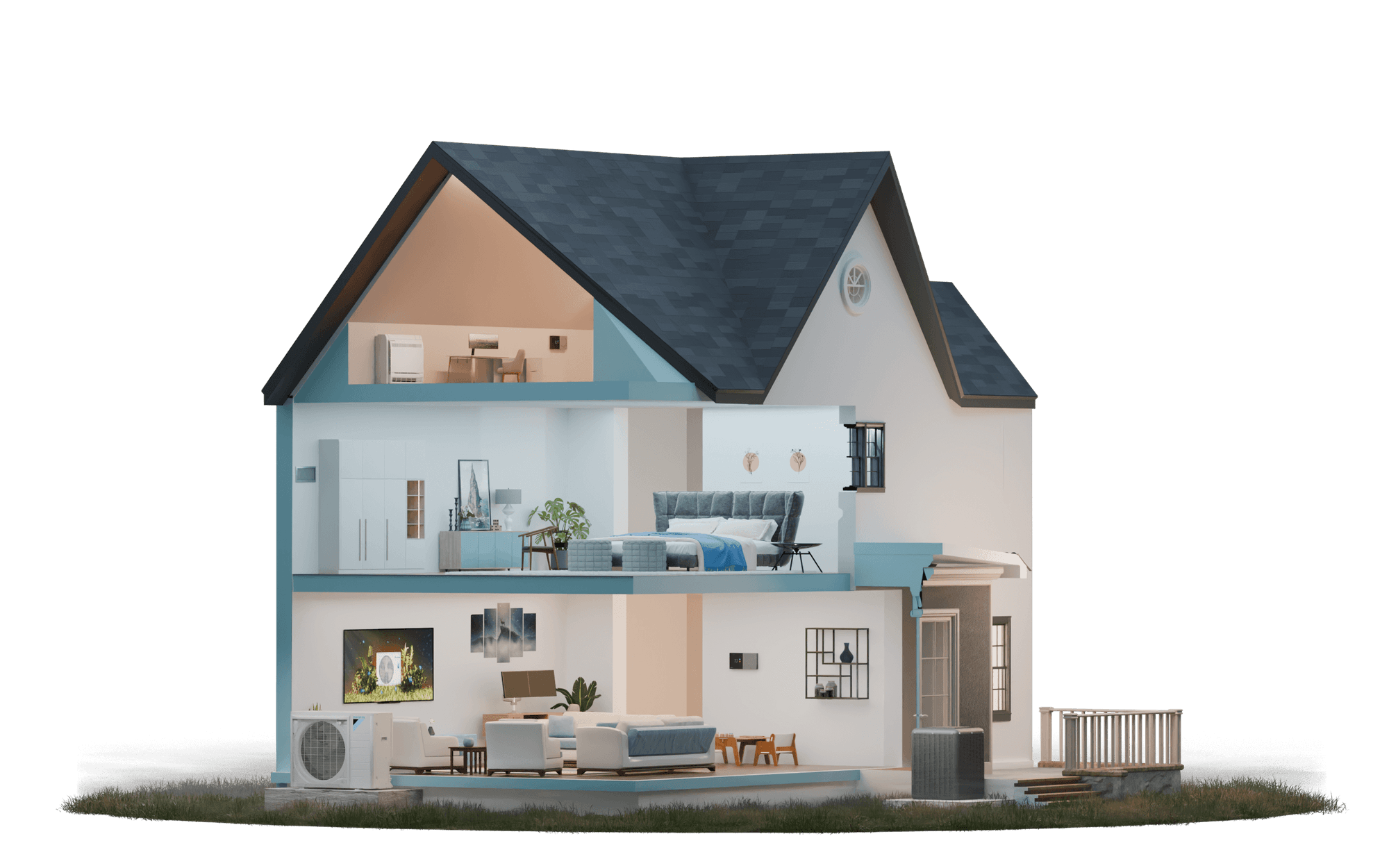 Cutaway diagram of a Daikin single-zone ductless system in a home